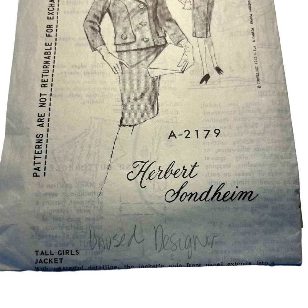 Spadea Designer Herbert Sondheim Pattern A-2179 1960's Misses Jacket Sz. 16 RARE